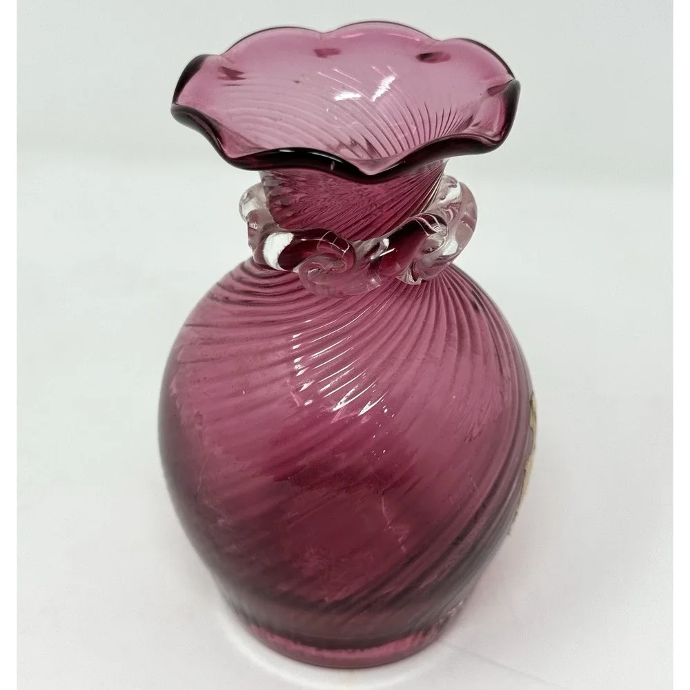 Pilgrim Cranberry Glass Hand Blown Optic Swirl Bud Vase 4.5